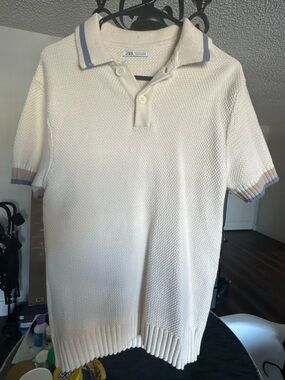 Zara Cream Polo Shirt with Blue and Pink Trim
